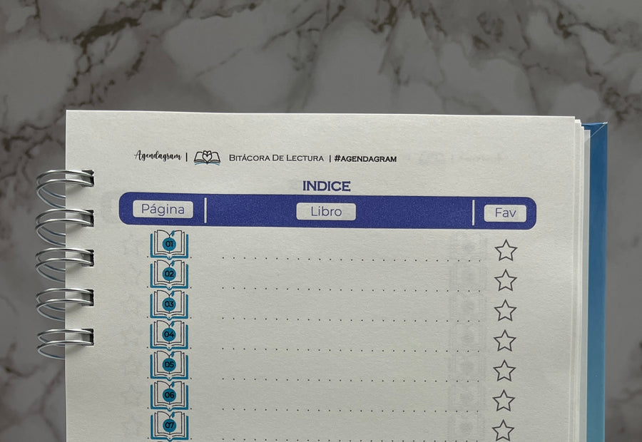 Página de índice de una bitácora de lectura, con columnas de página, libro y favoritos